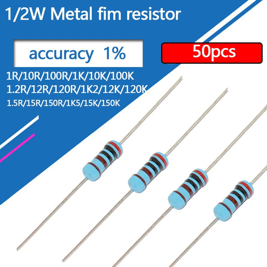 50 Resistencias de Película Metálica 1/2W 1Ω a 100KΩ ±1% — 0.5W Anillo de Cinco Colores