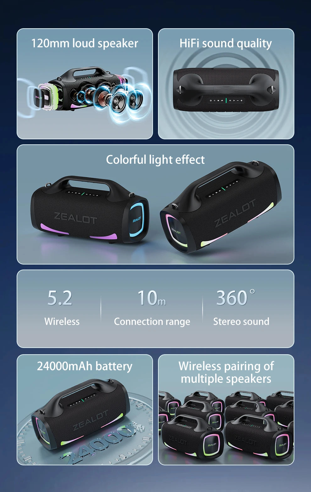 Altavoz Bluetooth Portátil ZEALOT S79 — 100W Subwoofer con Batería 24000mAh IPX6