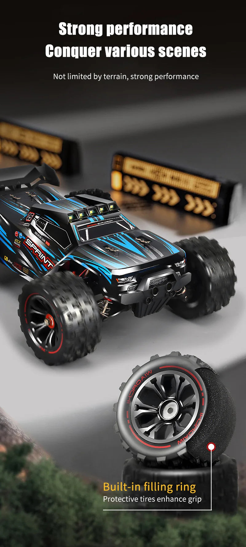 RC Car 1:16 4WD – Monster Drift Truck con LED, Alta Velocidad 50/85KM/H para Niños