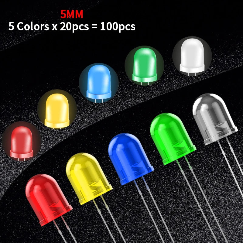 Kit de Diodos LED 5mm Multicolor – Luces Blanco, Rojo, Azul, Verde y Amarillo para Proyectos Electrónicos