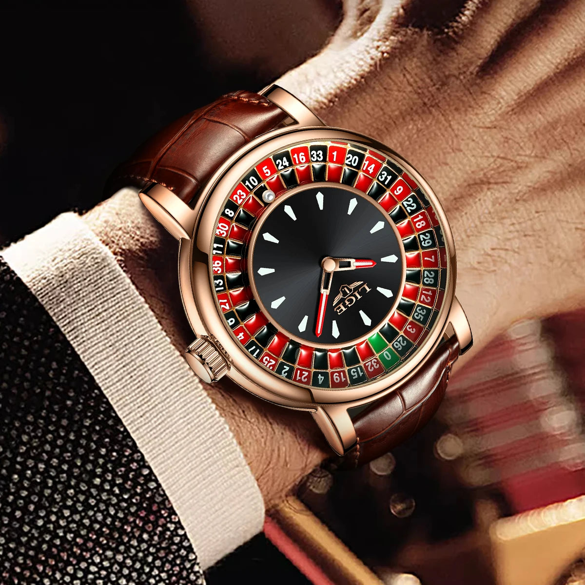 Reloj LIGE de Cuero Marrón – Diseño Ruleta de Las Vegas
