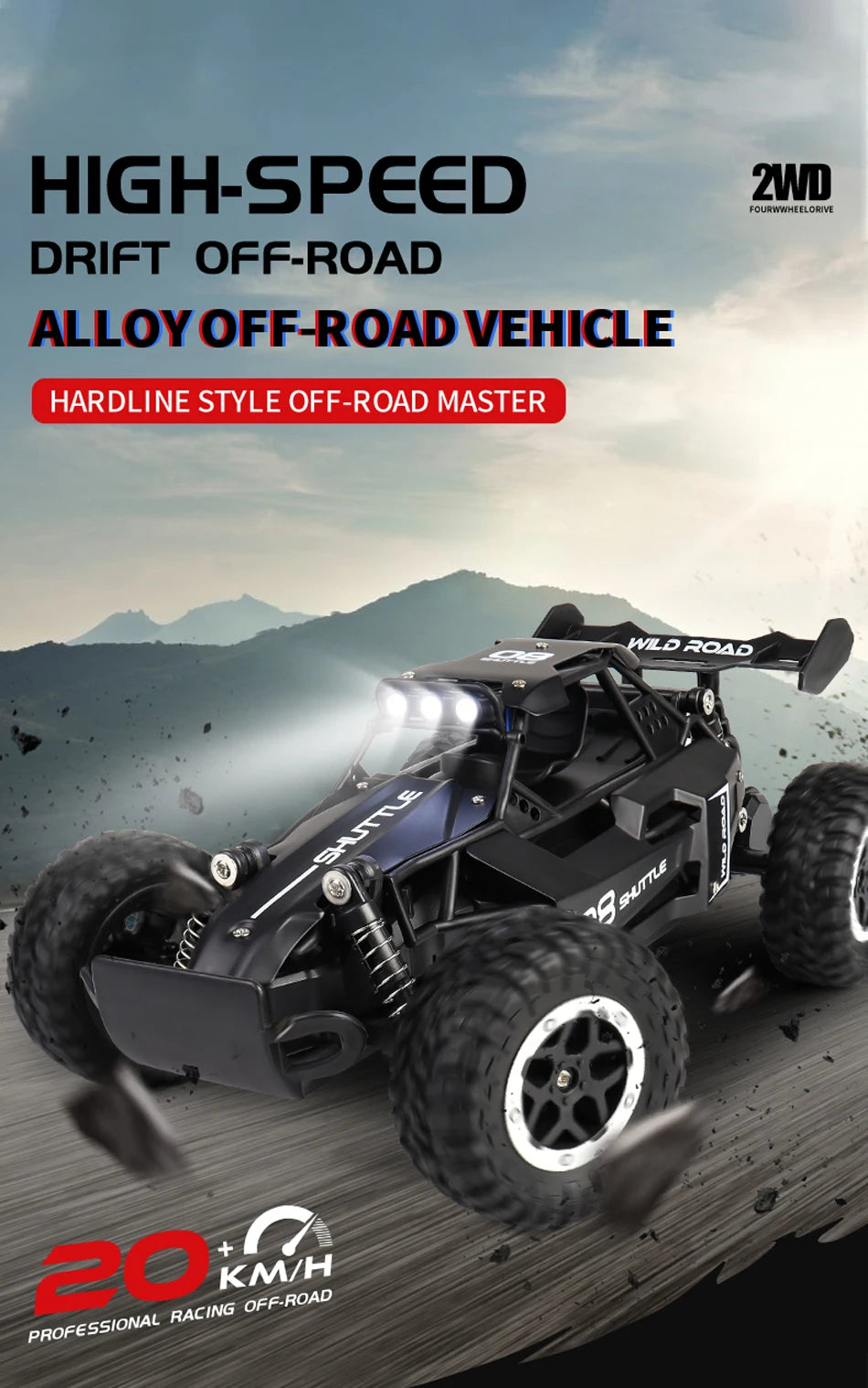 RC Car 1:16 2WD – Coche RC Off-Road con LED, Alta Velocidad 20KM/H para Niños