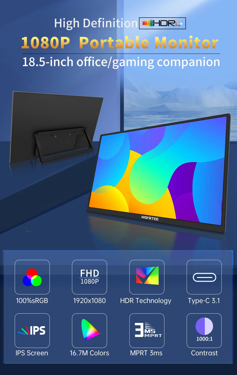 HGFRTEE 18.5" 100Hz Portable Monitor — HDMI/USB-C con Soporte VESA