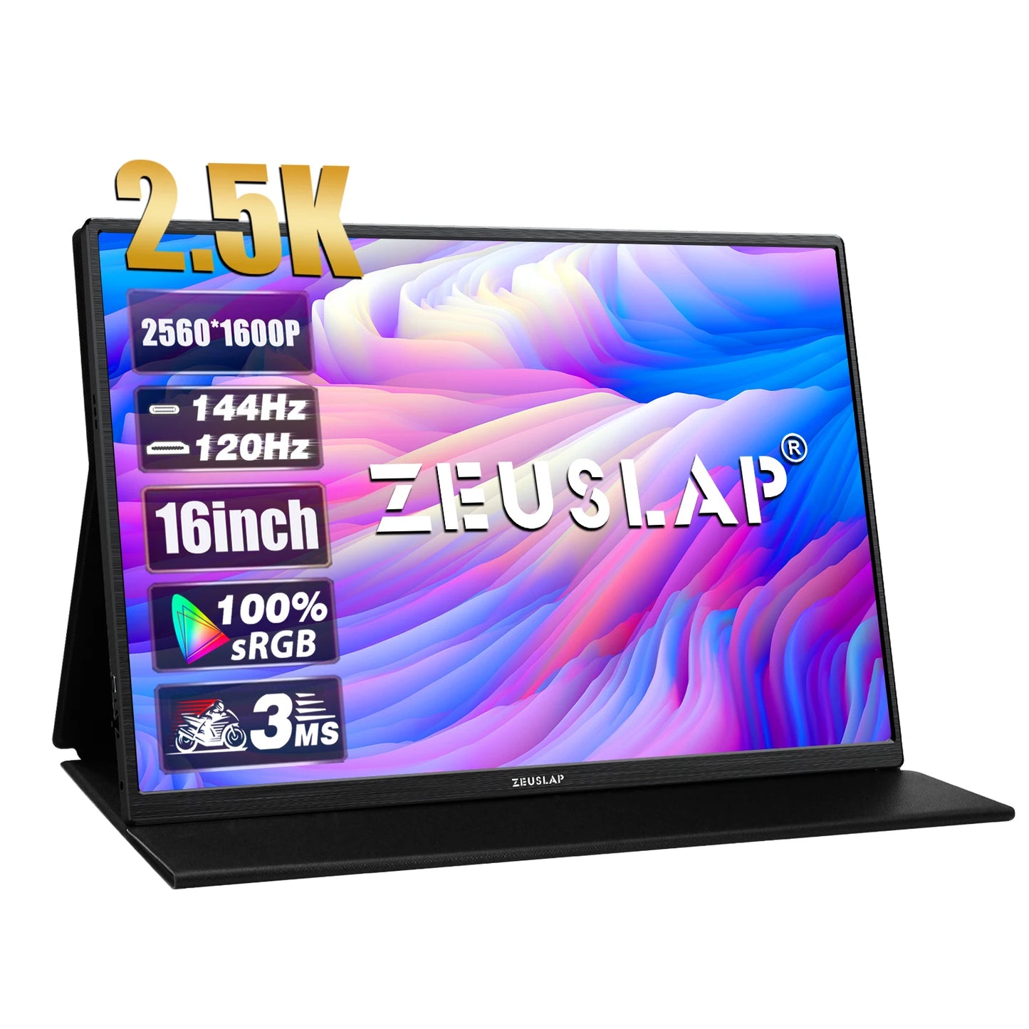 ZEUSLAP 16" 2.5K 144Hz Portable Monitor — 2560×1600, 100% sRGB, 500cd/m², 16:10, para PS4/PS5, Xbox, Switch, Laptop