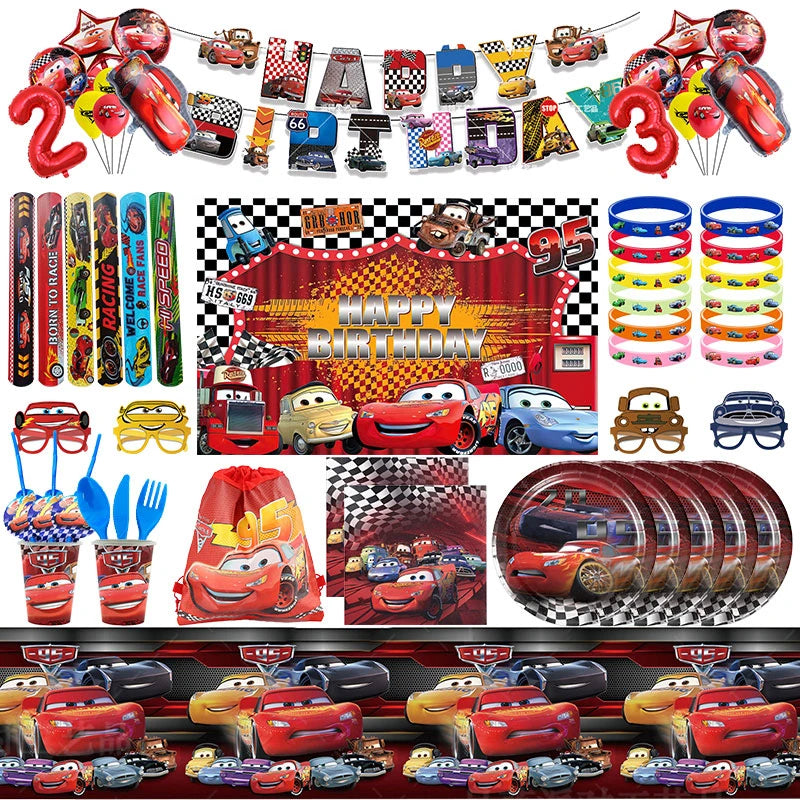 Decoración de Cumpleaños Disney Cars – Rayo McQueen | Platos, Vasos, Servilletas y Globos para Fiesta Infantil