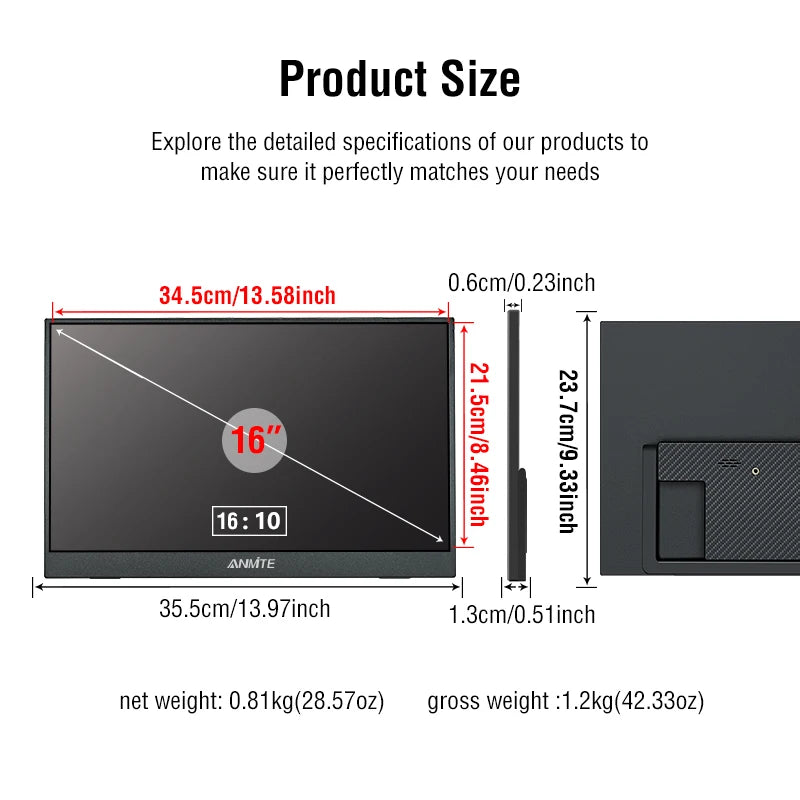 Monitor Portátil Anmite 16" 1200P HDR — Táctil y No Táctil para PC, Consolas y Móviles