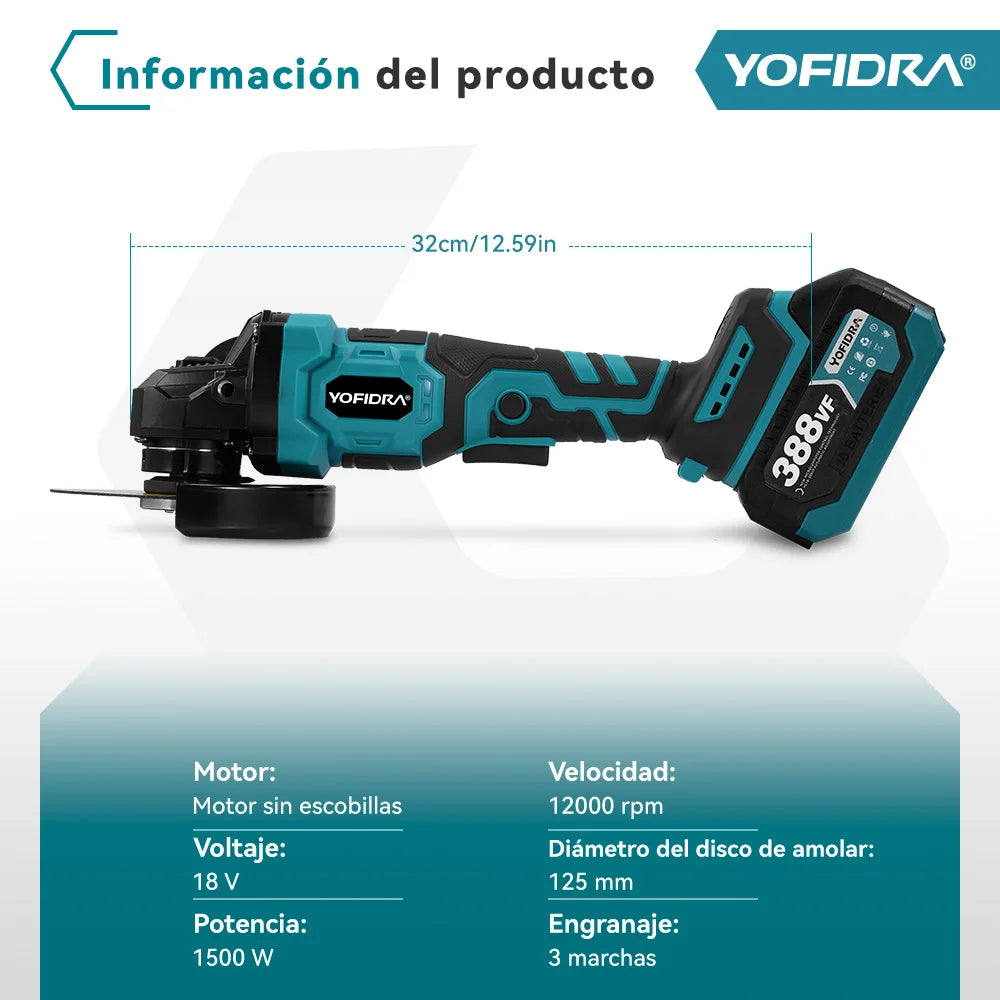 Amoladora Eléctrica 2 en 1 YOFIDRA 125mm – Brushless, 3 Velocidades para Madera y Metal