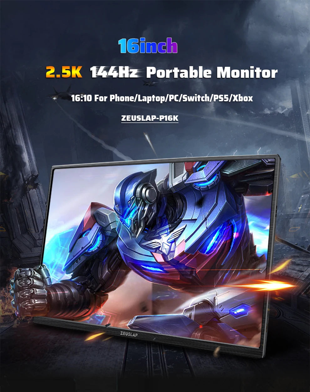 ZEUSLAP 16" 2.5K 144Hz Portable Monitor — 2560×1600, 100% sRGB, 500cd/m², 16:10, para PS4/PS5, Xbox, Switch, Laptop