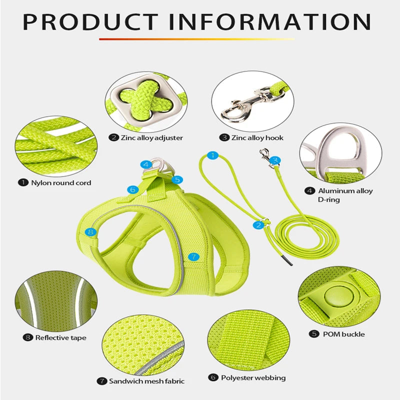 Set Arnés y Correa Ajustable para Perros y Gatos — Reflectante, Pequeños y Medianos