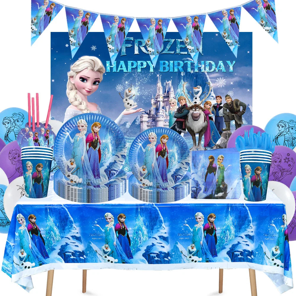 Decoración de Cumpleaños Disney Frozen – Mantel, Globos y Vajilla Azul para Fiesta Infantil