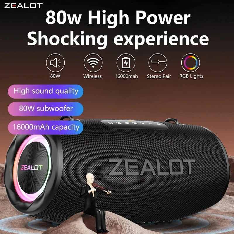 Altavoz Bluetooth Portátil ZEALOT S87 — 80W IPX6 Resistente al Agua con Subwoofer