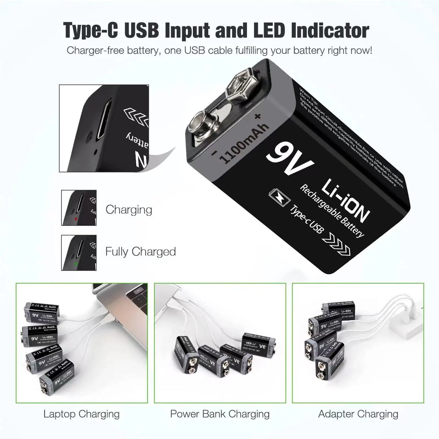 Batería Recargable Kuugro 9V 1100mAh USB Type-C – Li-ion para RC, Multímetro y Juguetes