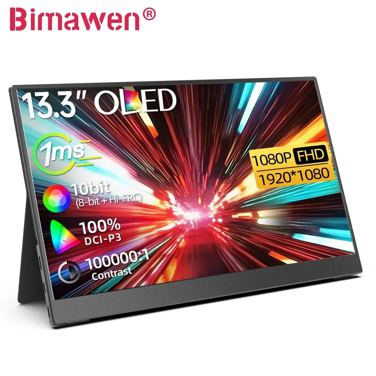 Bimawen 13.3" OLED Portable Monitor – FHD 1080P, 1ms, 10bit, 100% DCI-P3, Adaptive Sync, Game Mode