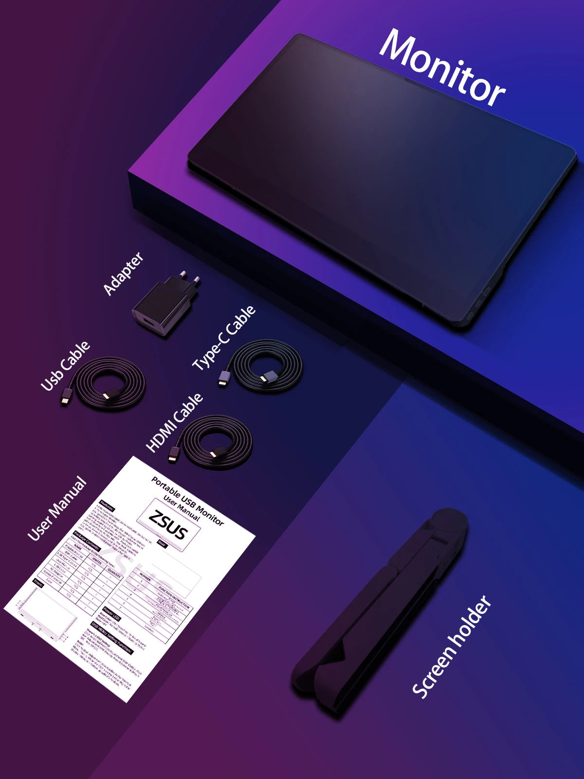 ZSUS 14" 2K Portable Monitor – 2160x1440, 60Hz, 100% sRGB, HDR10, USB-C, HDMI, Built-in Speakers