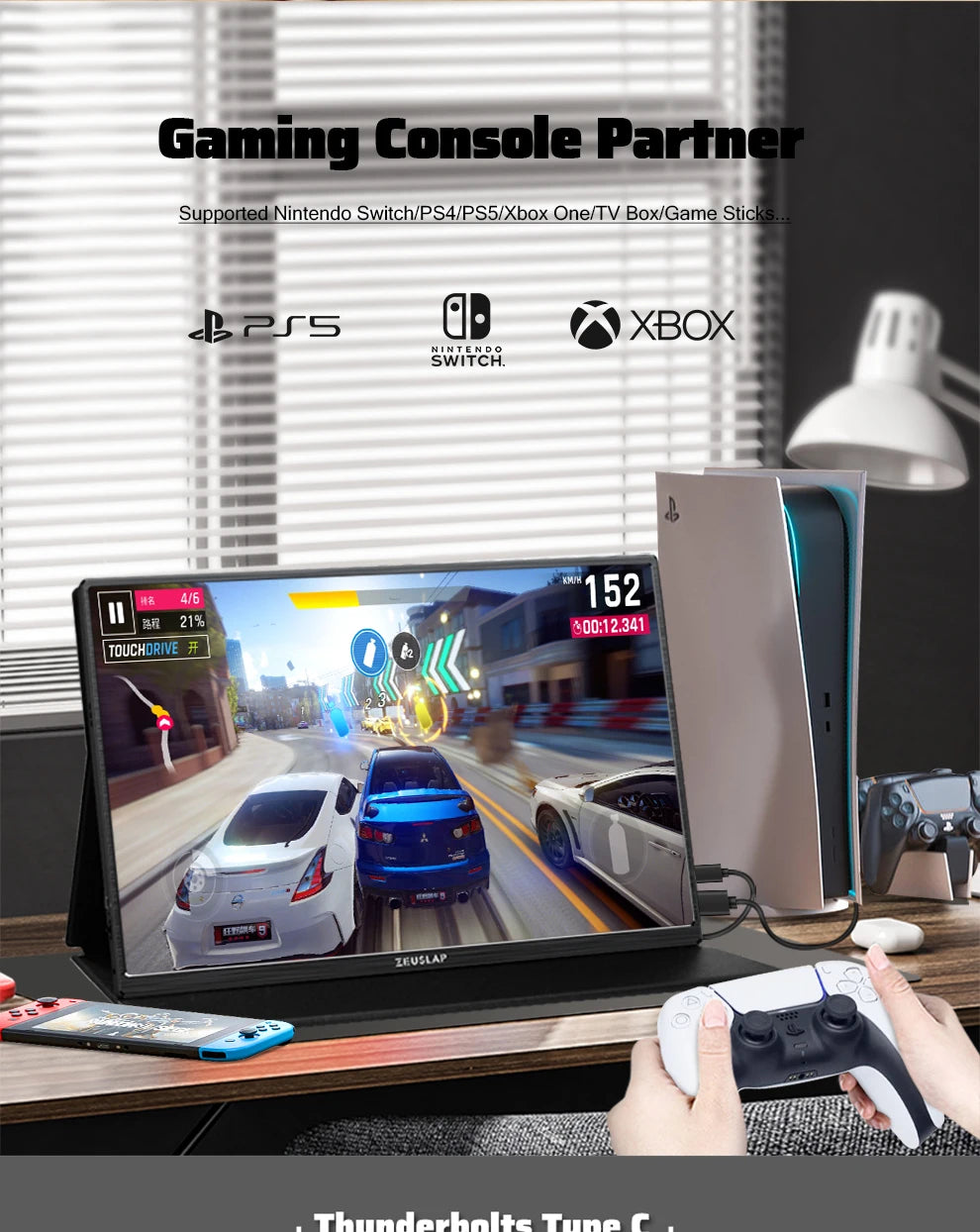 ZEUSLAP 16" 2.5K 144Hz Portable Monitor — 2560×1600, 100% sRGB, 500cd/m², 16:10, para PS4/PS5, Xbox, Switch, Laptop