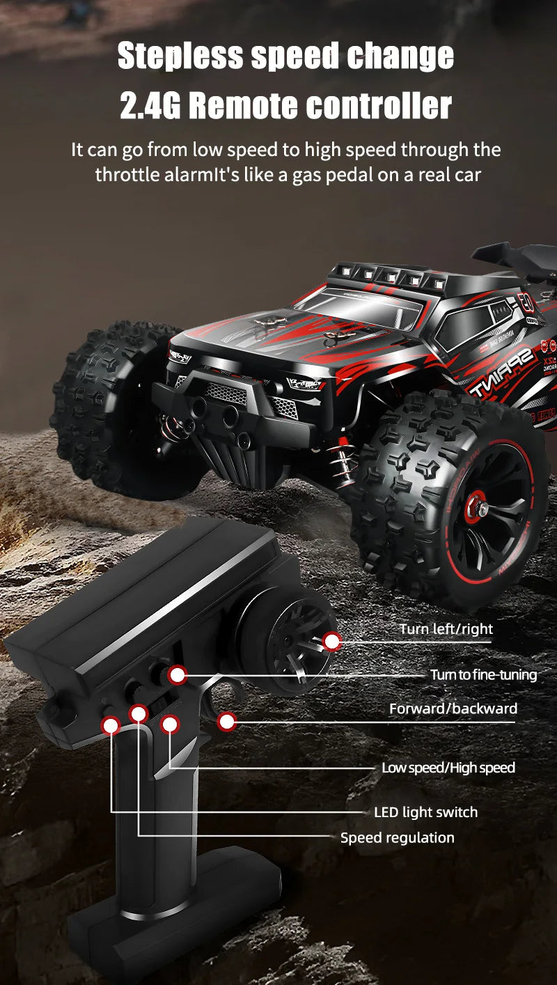 RC Car 1:16 4WD – Monster Drift Truck con LED, Alta Velocidad 50/85KM/H para Niños