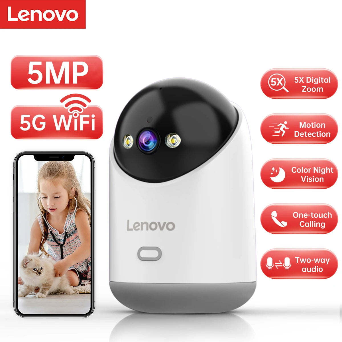 Cámara WiFi Inteligente Lenovo 5MP – Vigilancia IP Full HD con Visión Nocturna y Seguimiento Automático