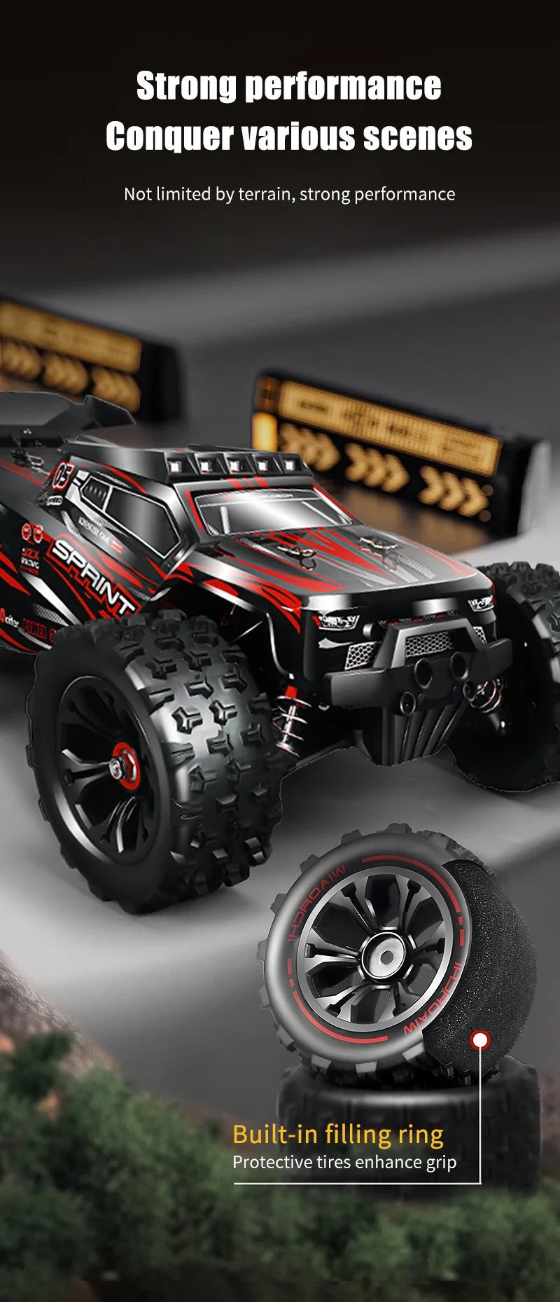 RC Car 1:16 4WD – Monster Drift Truck con LED, Alta Velocidad 50/85KM/H para Niños