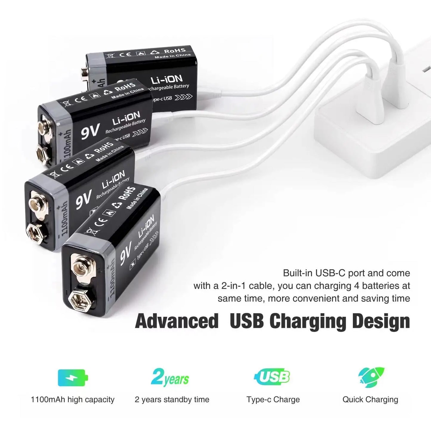 Batería Recargable Kuugro 9V 1100mAh USB Type-C – Li-ion para RC, Multímetro y Juguetes