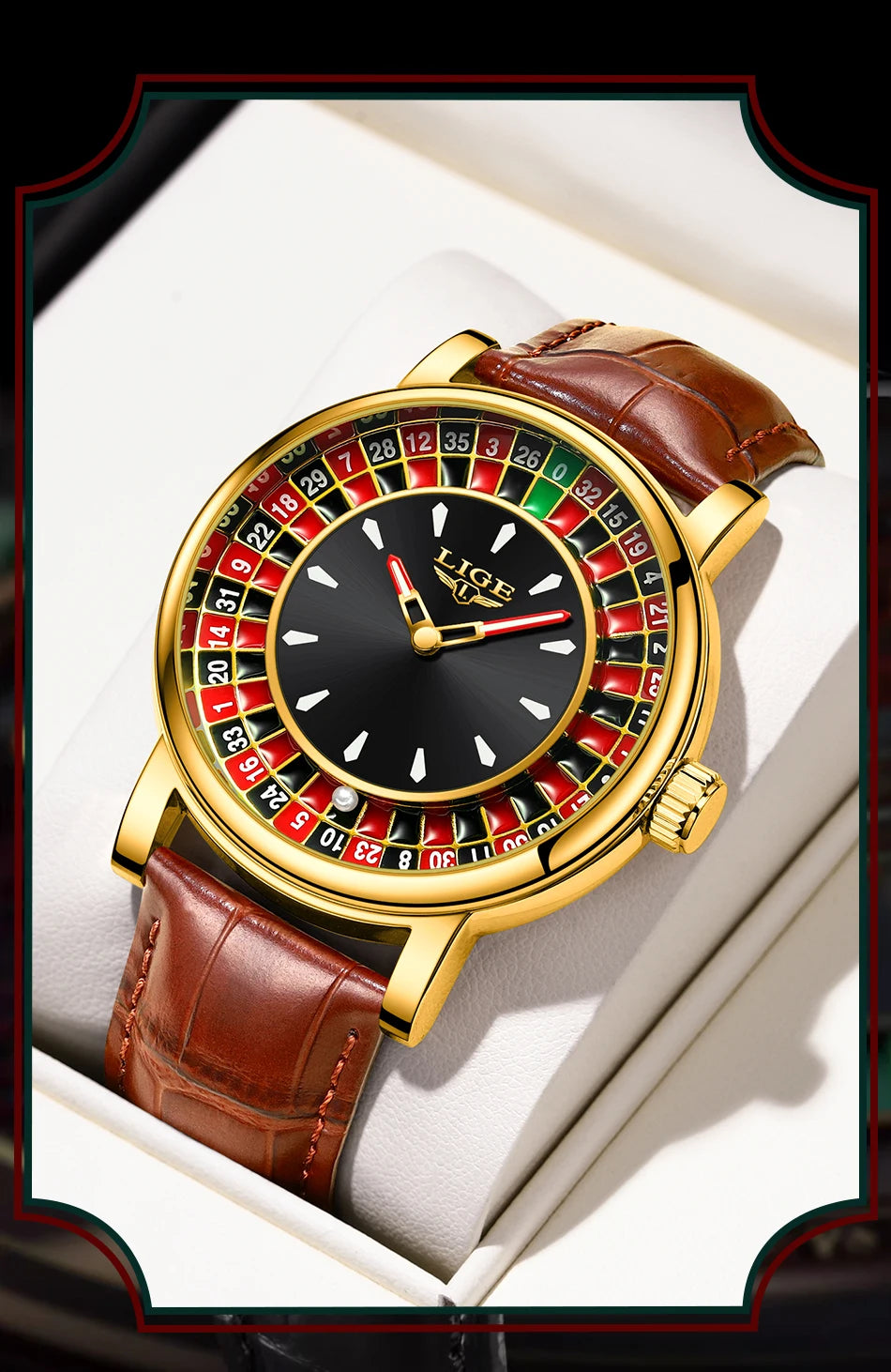 Reloj LIGE de Cuero Marrón – Diseño Ruleta de Las Vegas