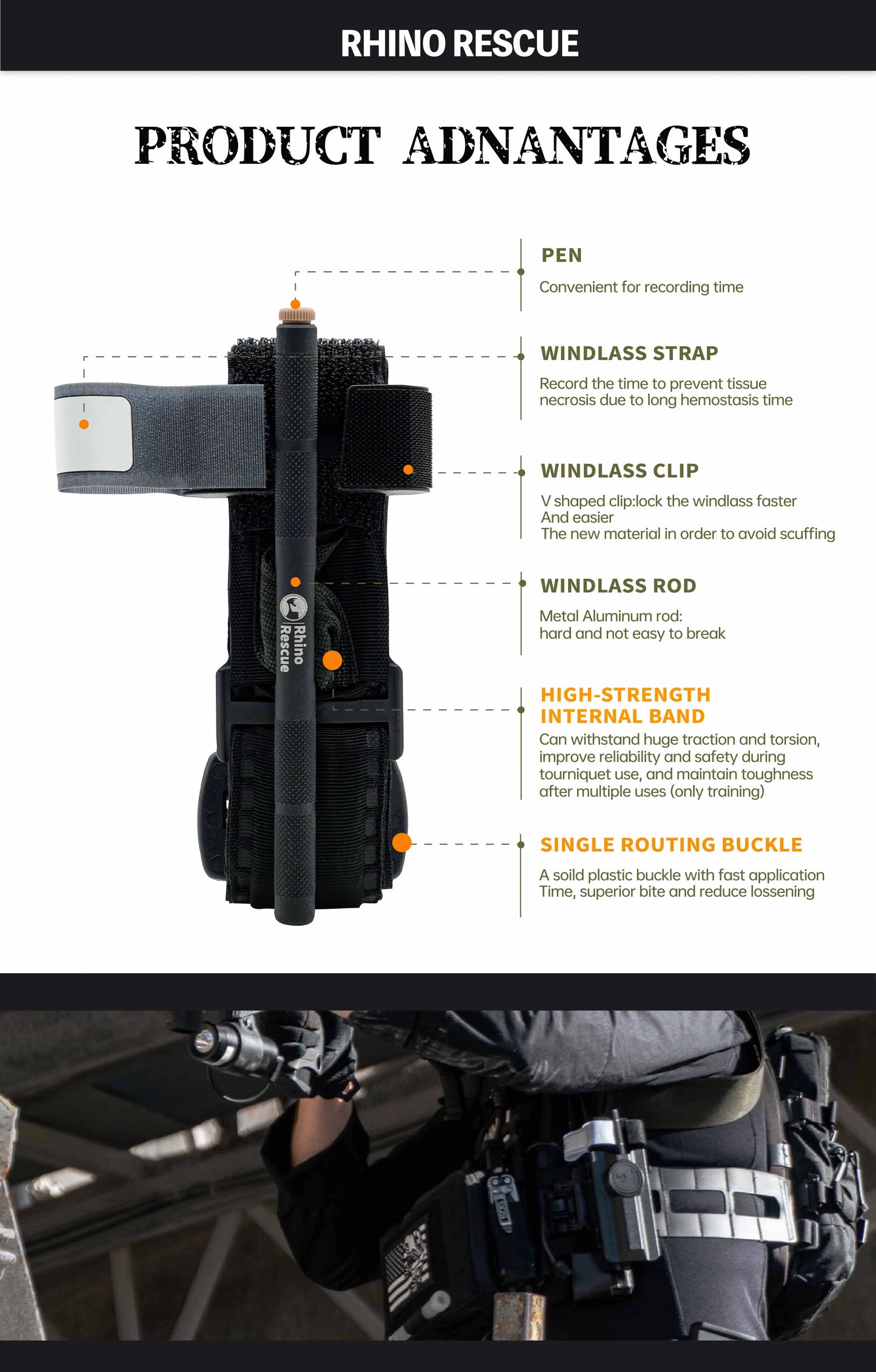 Torniquete Táctico Rhino Rescue CE Aprobado – Varilla Metálica para Primeros Auxilios y Emergencias