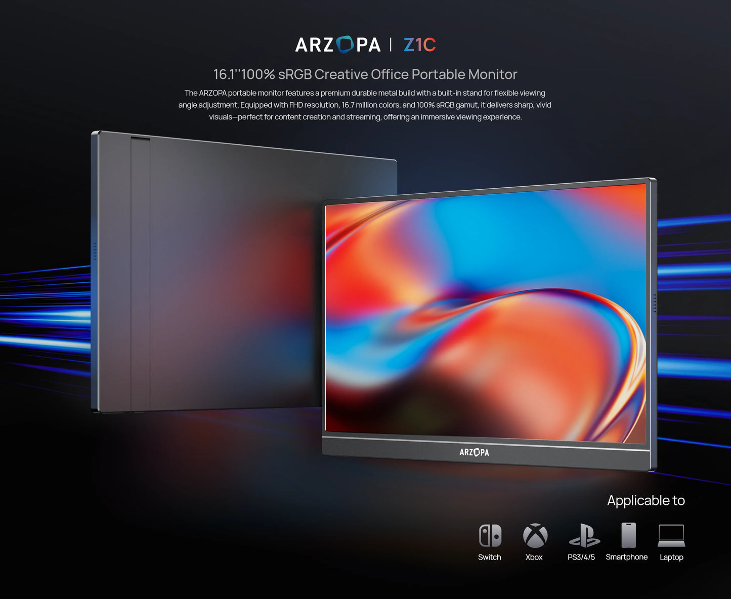 ARZOPA Z1C 16.1" 100% sRGB Portable Monitor FHD 1080P IPS – Monitor Externo para Mac, PC, Xbox, PS5, Switch