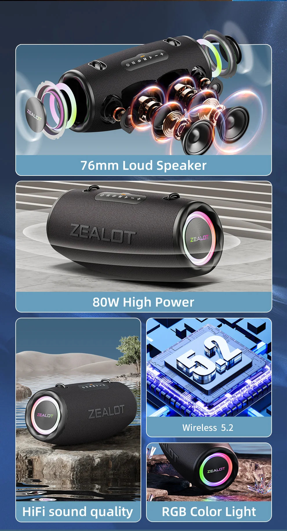 Altavoz Bluetooth Portátil ZEALOT S87 — 80W IPX6 Resistente al Agua con Subwoofer