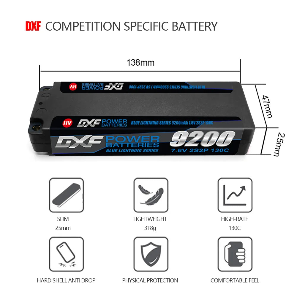 Batería DXF 2S LiPo 7.6V 130C 9200mAh T Plug Hardcase para Coche RC, Buggy, Truggy y Drone