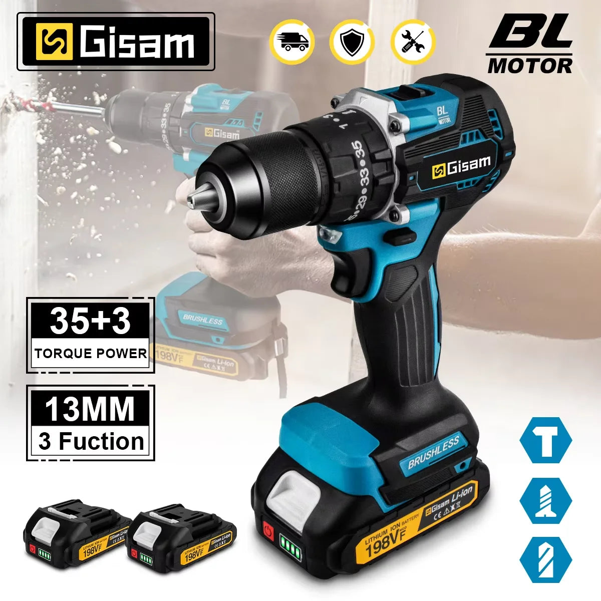 Taladro Atornillador Inalámbrico Gisam 65N.m – 13MM Brushless