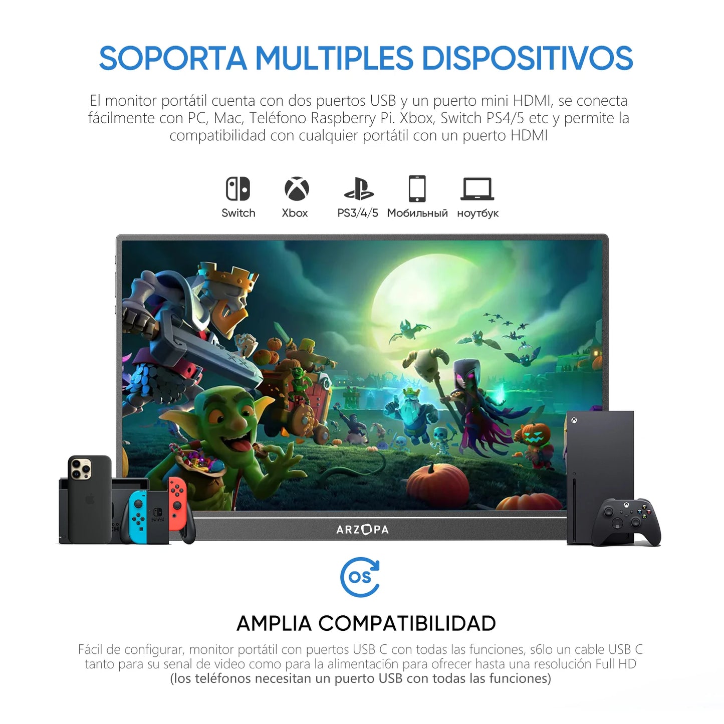 ARZOPA Z1C 16.1" 100% sRGB Portable Monitor FHD 1080P IPS – Monitor Externo para Mac, PC, Xbox, PS5, Switch