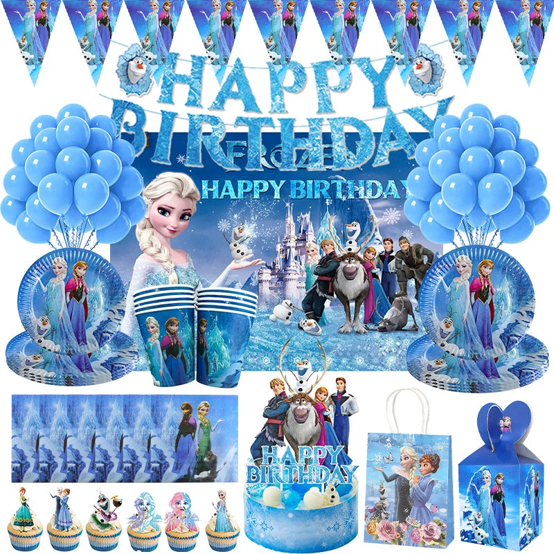 Decoración de Cumpleaños Disney Frozen – Mantel, Globos y Vajilla Azul para Fiesta Infantil