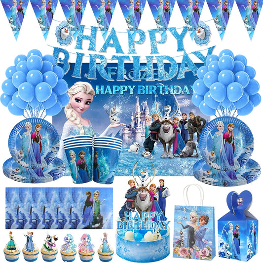 Decoración de Cumpleaños Disney Frozen – Mantel, Globos y Vajilla Azul para Fiesta Infantil