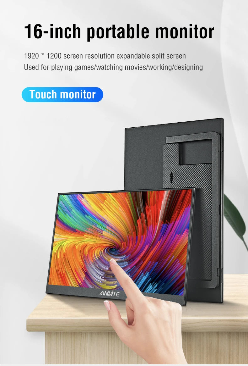 Monitor Portátil Anmite 16" 1200P HDR — Táctil y No Táctil para PC, Consolas y Móviles