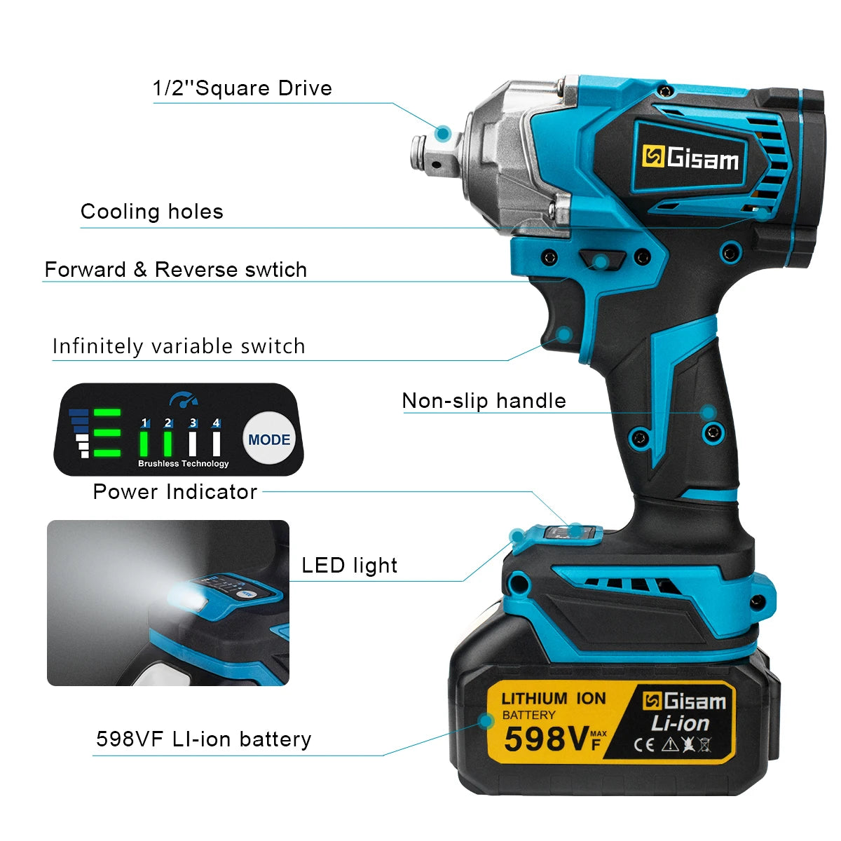 Llave de Impacto Inalámbrica Gisam 1200N.M – 1/2" Brushless