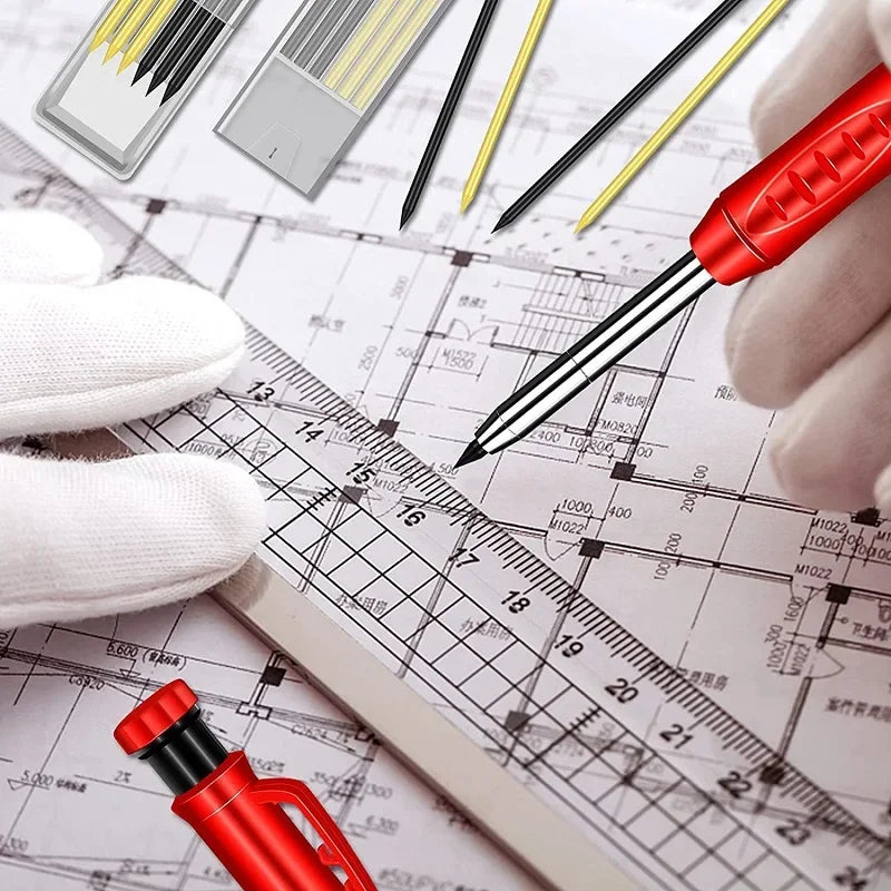 Lápiz de Carpintero Sólido con Minas de Repuesto y Sacapuntas Integrado – Marcador Mecánico para Agujeros Profundos