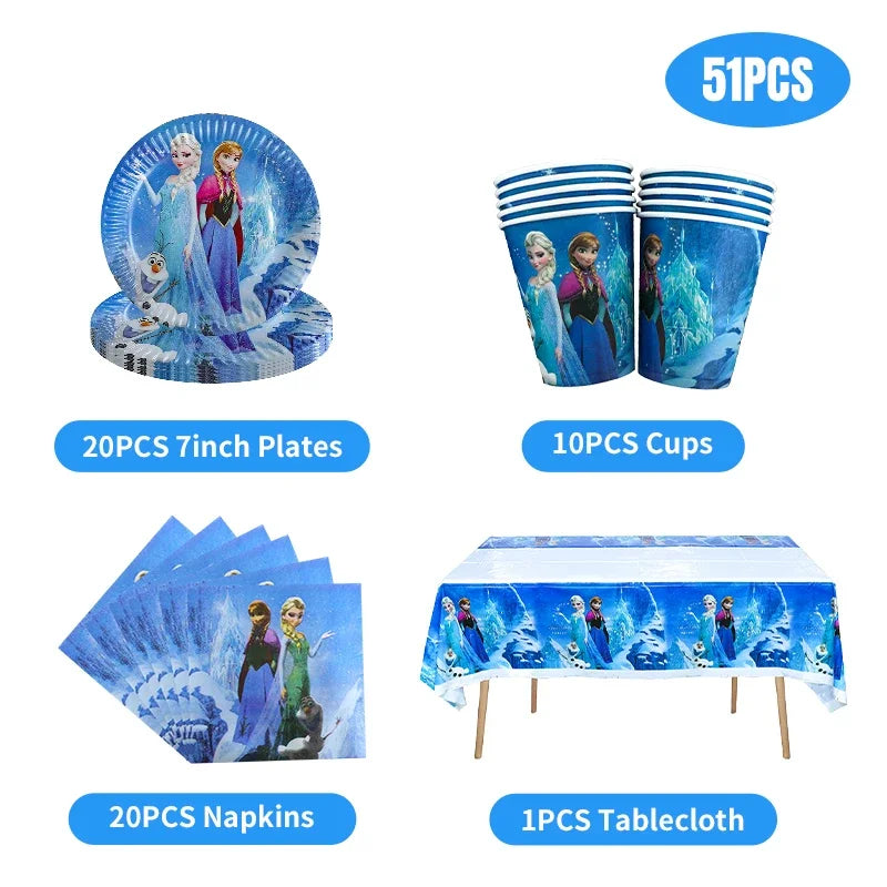 Decoración de Cumpleaños Disney Frozen – Mantel, Globos y Vajilla Azul para Fiesta Infantil