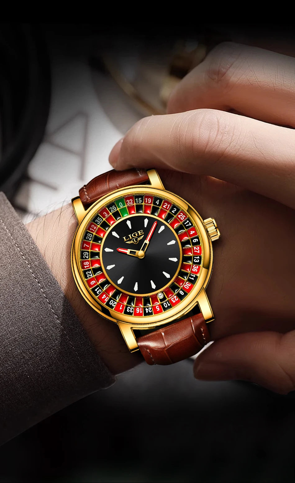 Reloj LIGE de Cuero Marrón – Diseño Ruleta de Las Vegas