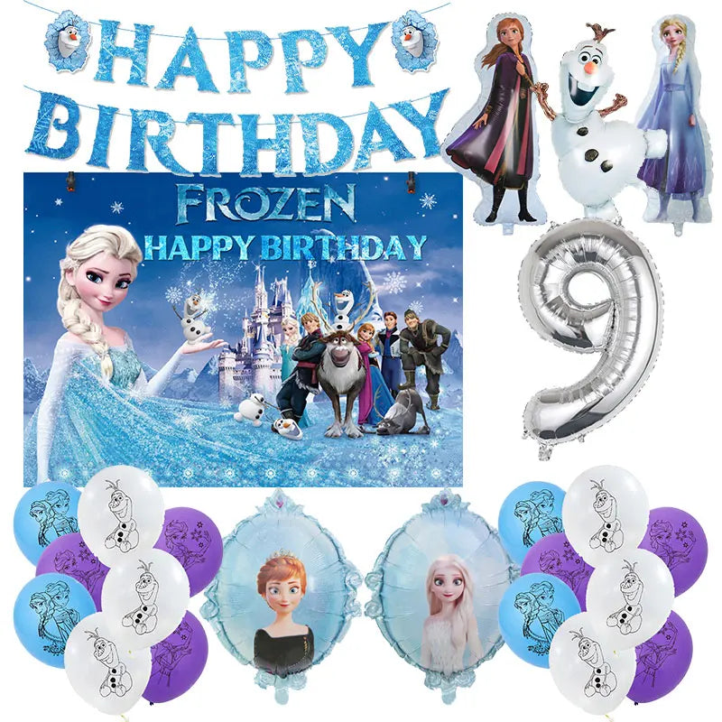 Decoración de Cumpleaños Disney Frozen – Mantel, Globos y Vajilla Azul para Fiesta Infantil