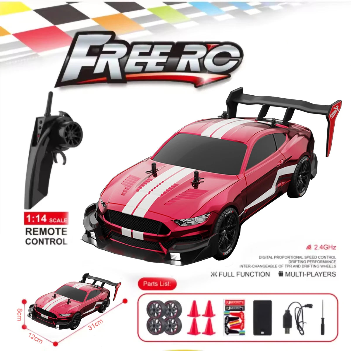 RTR Mustang 1:14 4WD Drift Car – Coche RC Eléctrico de Alta Velocidad para Niños