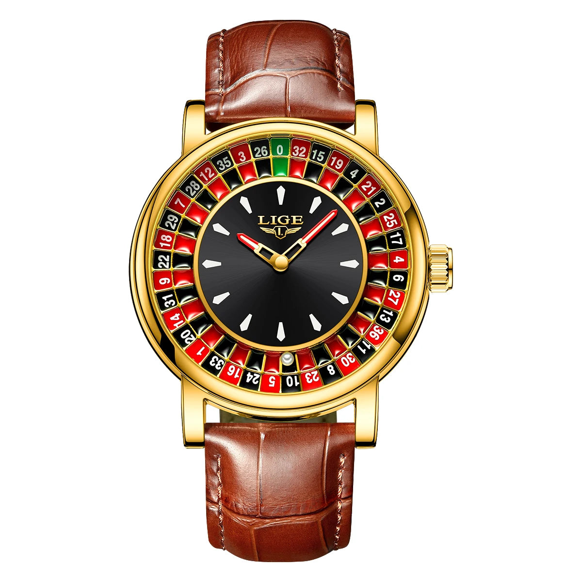 Reloj LIGE de Cuero Marrón – Diseño Ruleta de Las Vegas