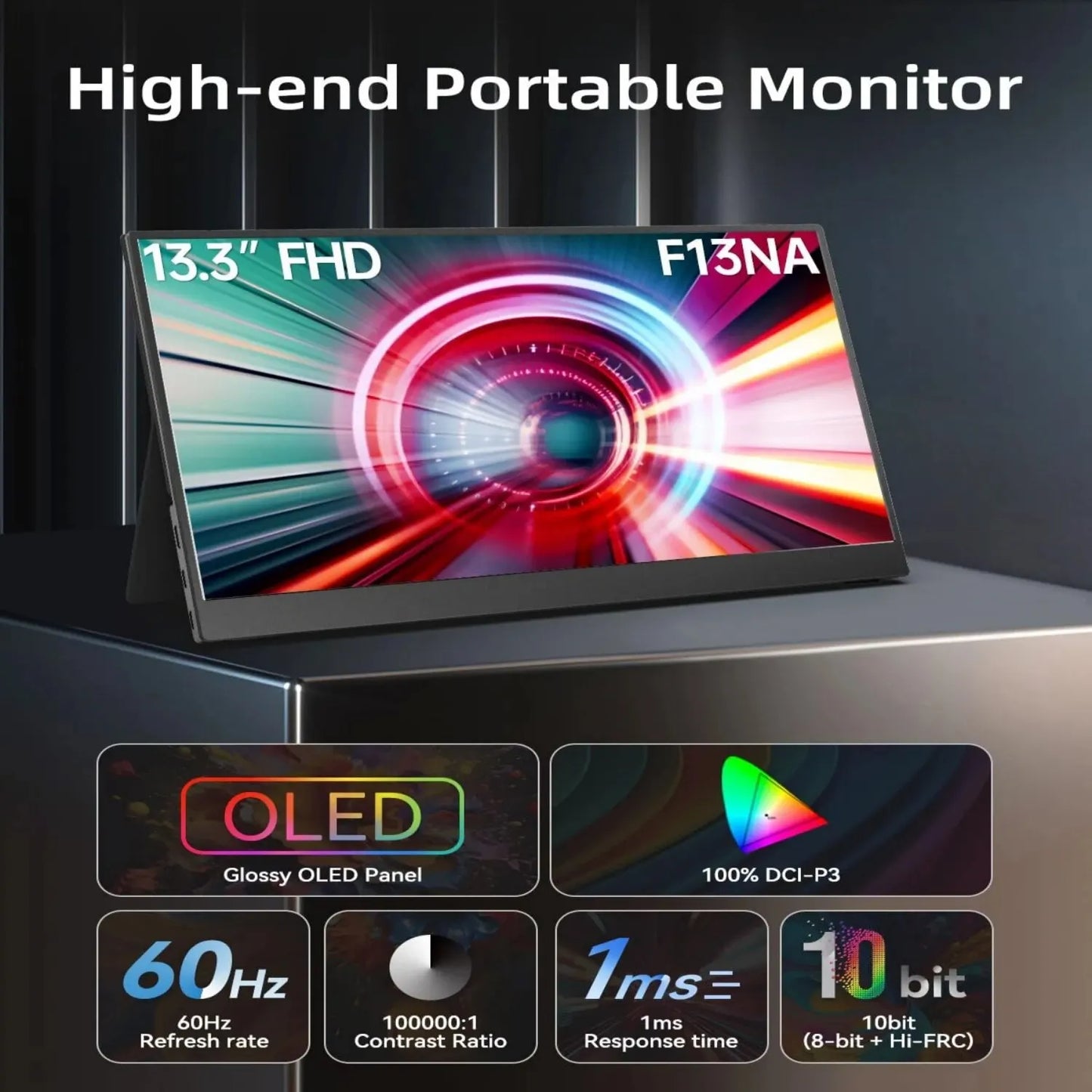 Bimawen 13.3" OLED Portable Monitor – FHD 1080P, 1ms, 10bit, 100% DCI-P3, Adaptive Sync, Game Mode