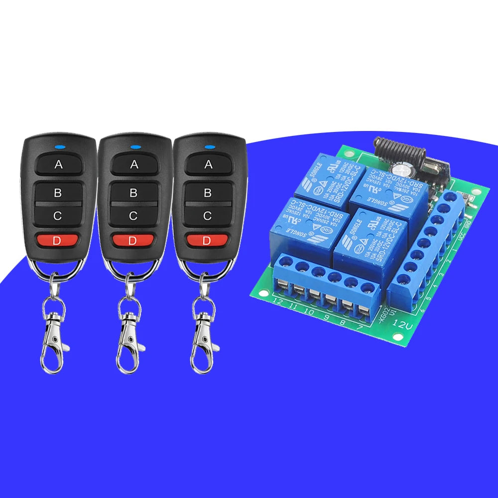 Control Remoto Inalámbrico Universal RF433MHz 12V – Módulo Receptor 4CH