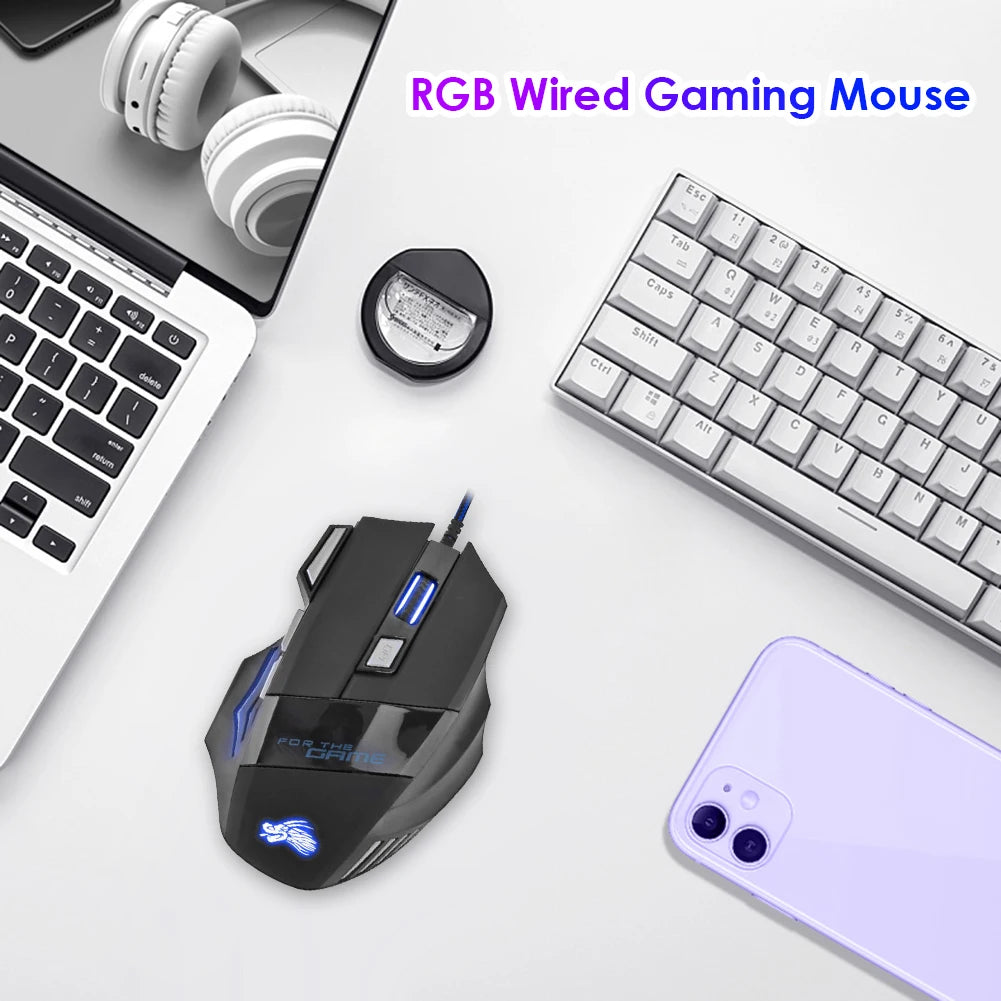 Mouse Gaming USB con Cable – 7 Botones, Retroiluminado RGB, 5500 DPI, Ergonómico, Óptico, para PC y Consolas