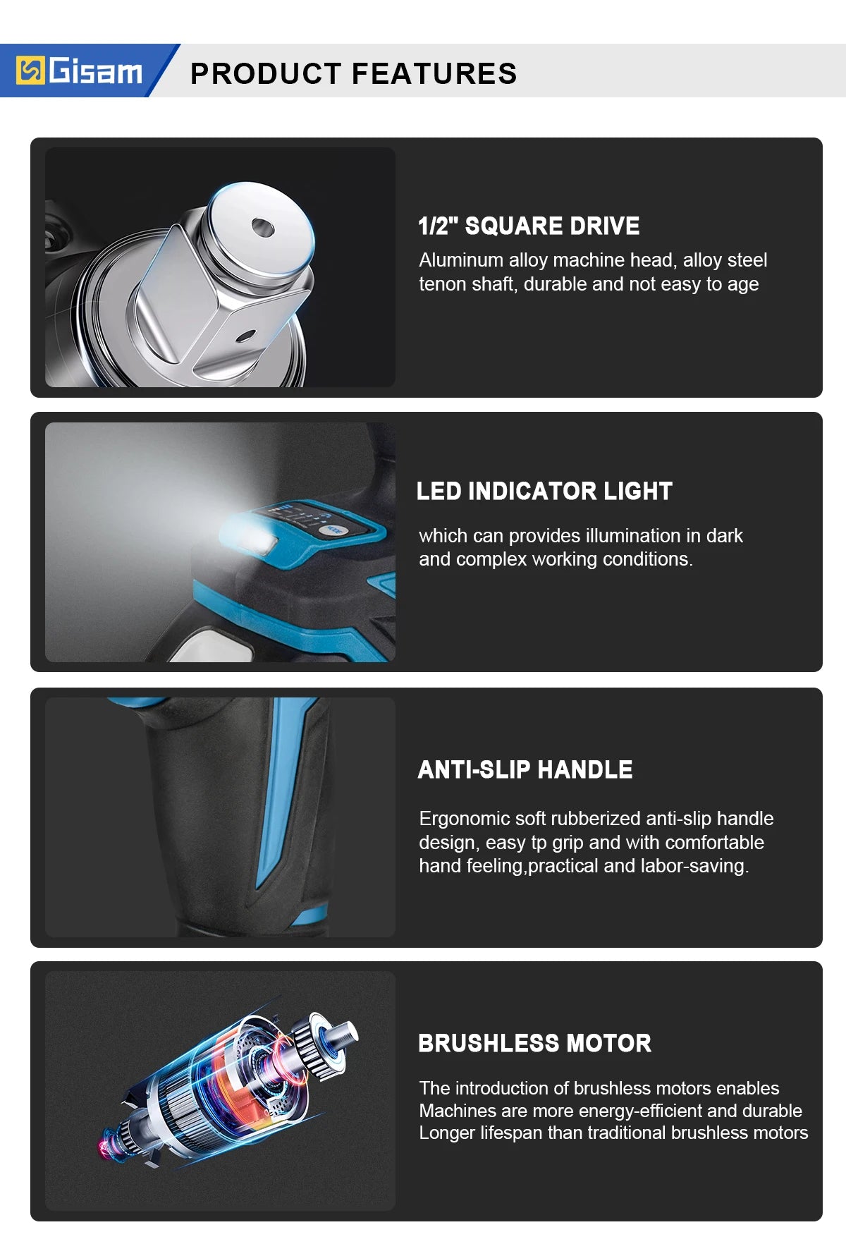 Llave de Impacto Inalámbrica Gisam 1200N.M – 1/2" Brushless