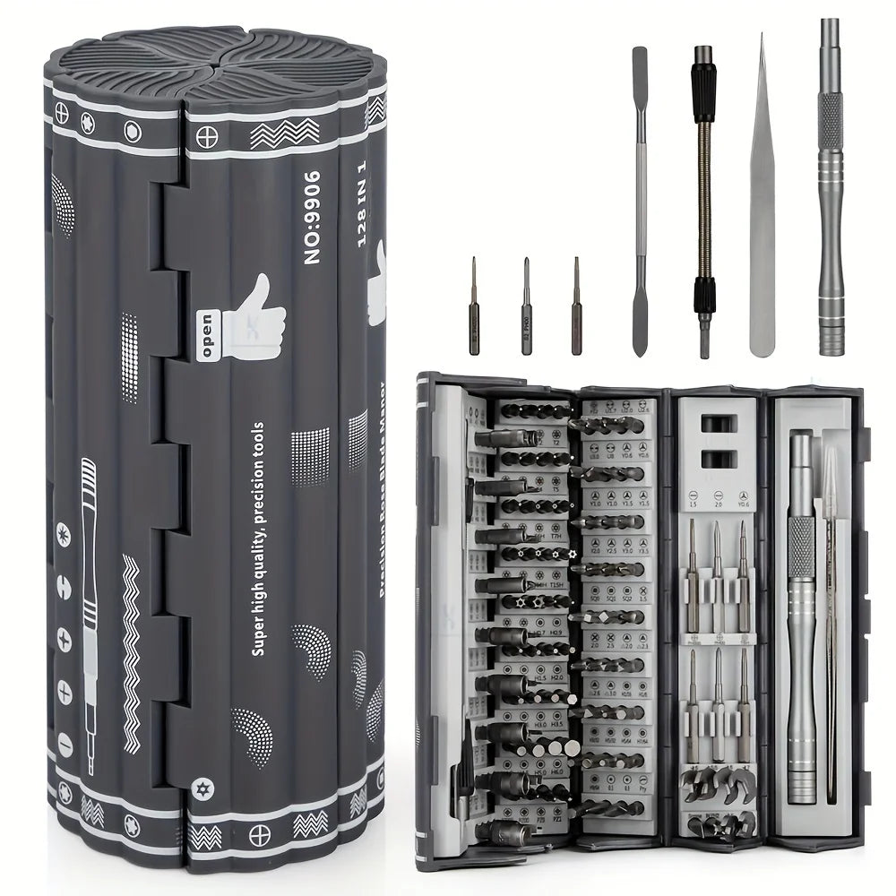 Kit de Destornilladores de Precisión 128 en 1 con Eje Magnético Flexible – Herramientas Profesionales para Reparación de PC, iPhone, Reloj y Cámara
