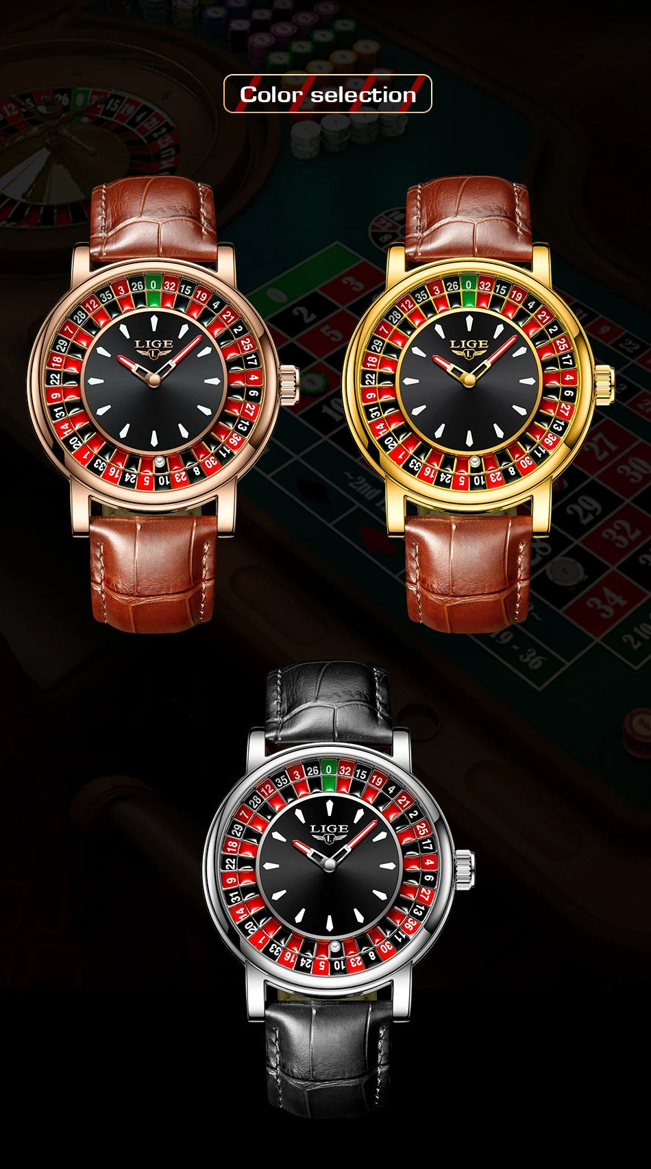 Reloj LIGE de Cuero Marrón – Diseño Ruleta de Las Vegas