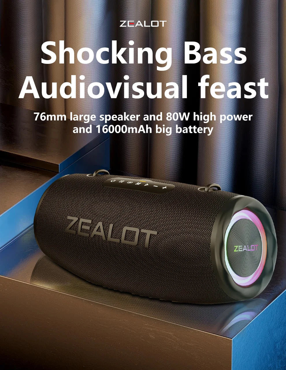 Altavoz Bluetooth Portátil ZEALOT S87 — 80W IPX6 Resistente al Agua con Subwoofer