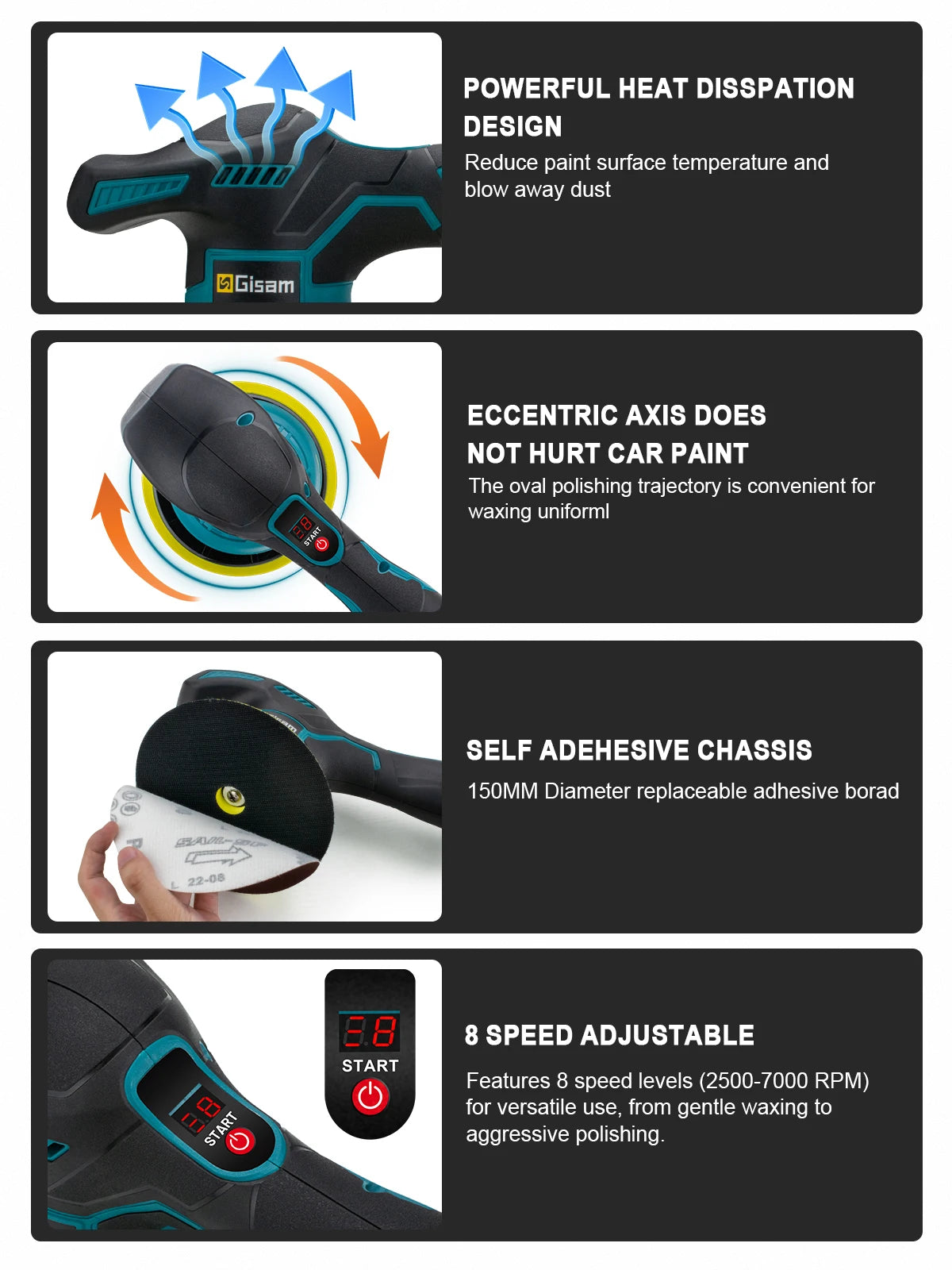 Pulidora Inalámbrica Gisam para Automóvil – 8 Velocidades Ajustables