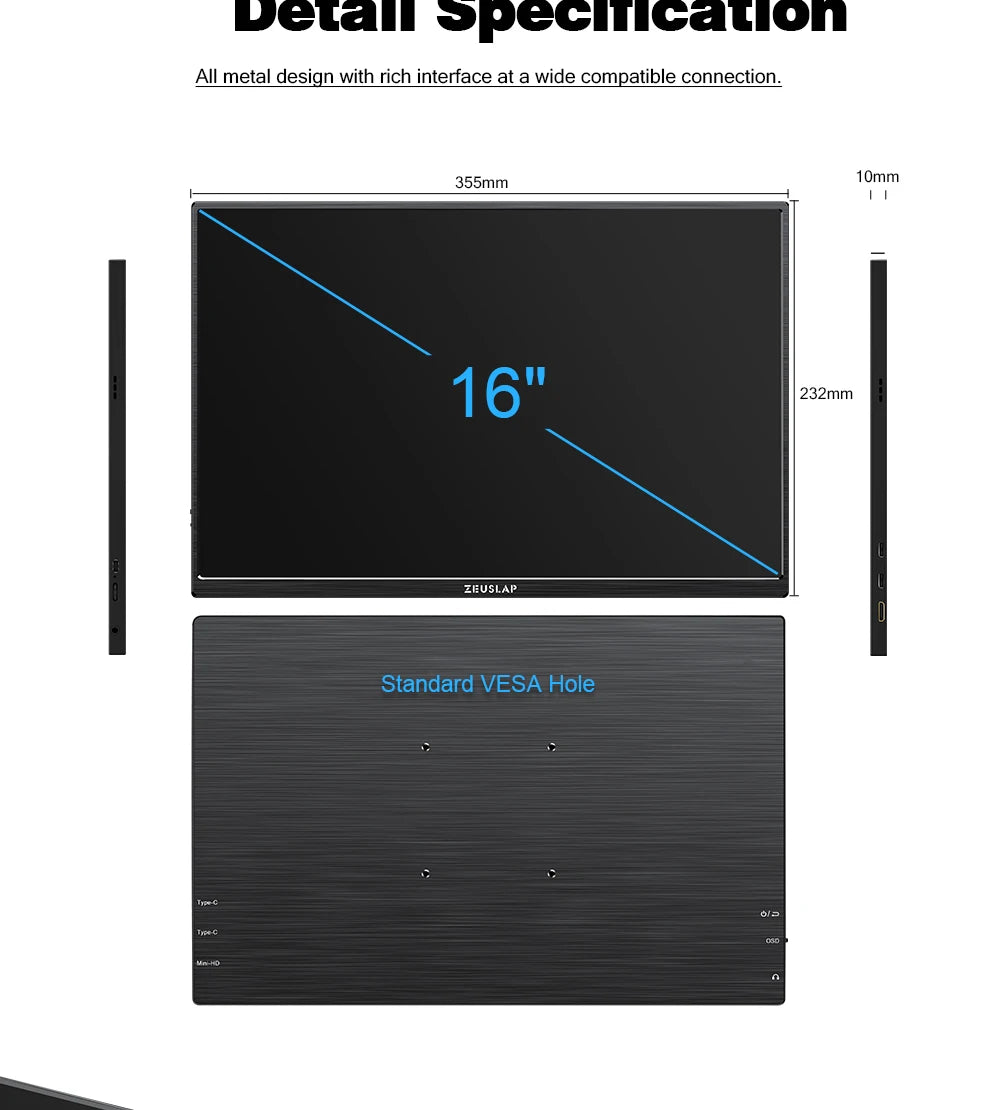 ZEUSLAP 16" 2.5K 144Hz Portable Monitor — 2560×1600, 100% sRGB, 500cd/m², 16:10, para PS4/PS5, Xbox, Switch, Laptop