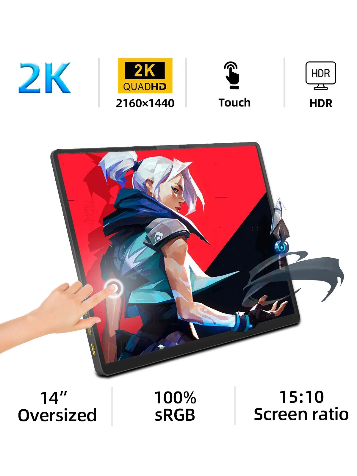 ZSUS 14" 2K Portable Monitor – 2160x1440, 60Hz, 100% sRGB, HDR10, USB-C, HDMI, Built-in Speakers